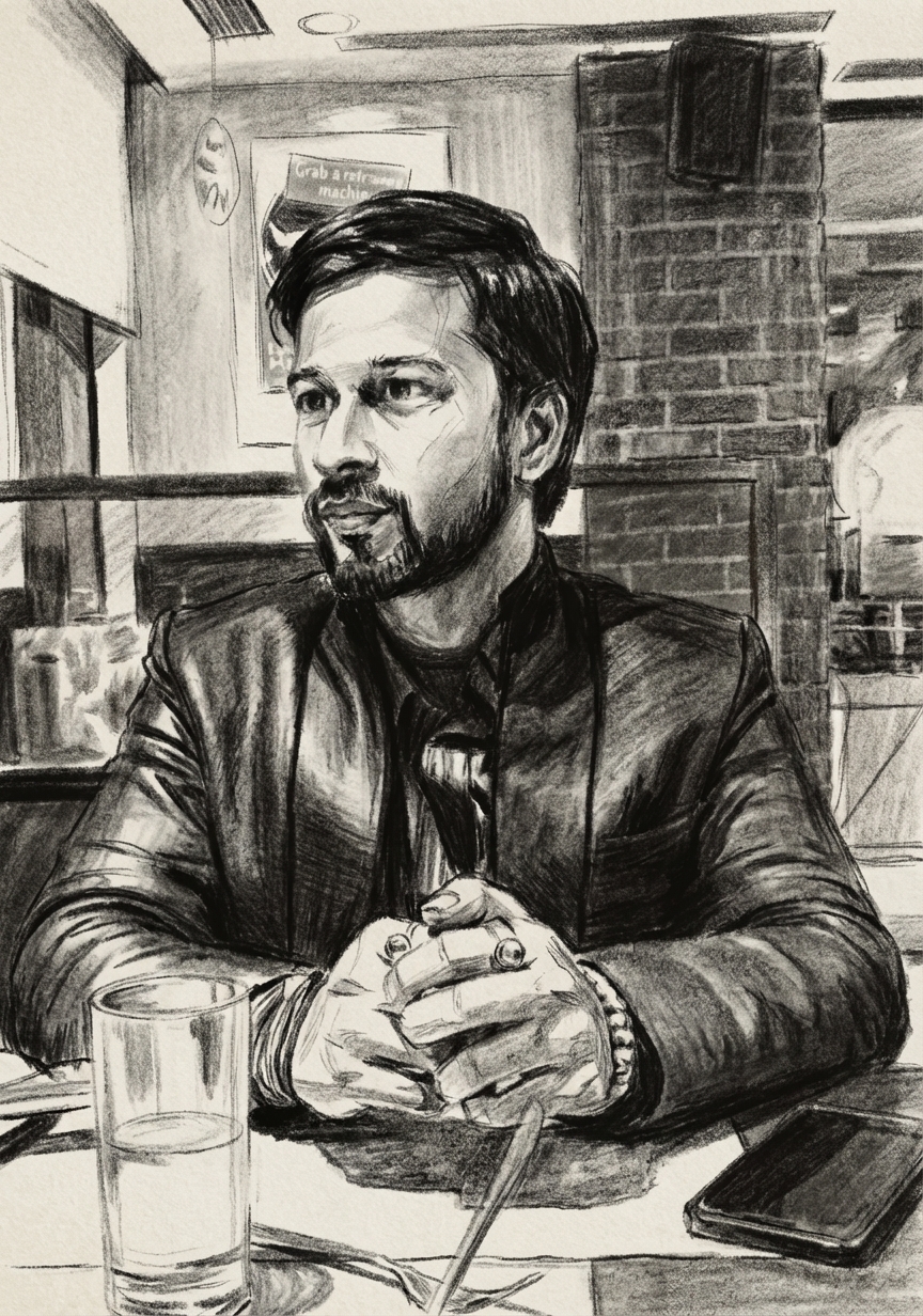 A charcoal-style portrait of MT